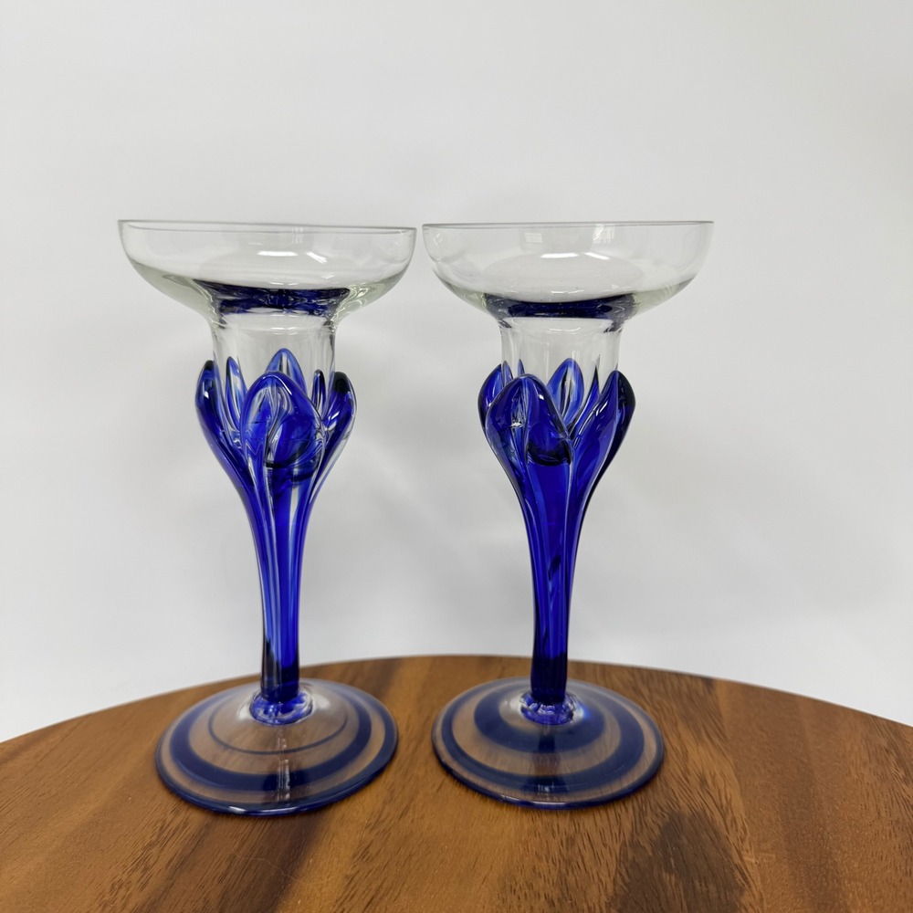 Vintage Cobalt Blue Art Glass Candlestick Holders Set of 2 Hand Blown Swirl Base